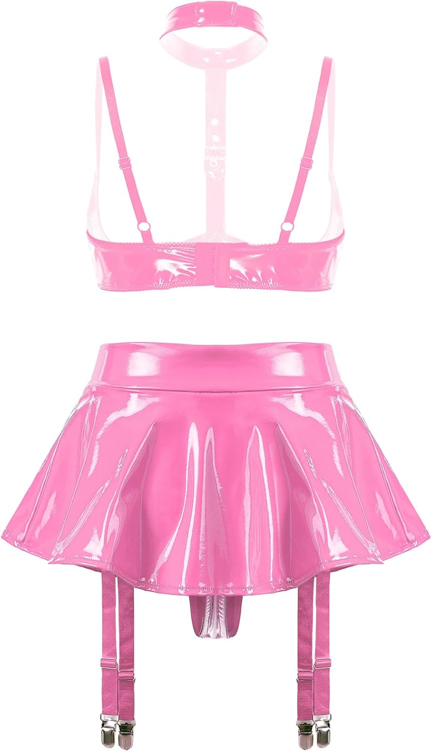 Vxuxlje Leather Lingerie for Women Wet Look Open Cup Bra Top with Ruffle Built-in Thongs Skirts