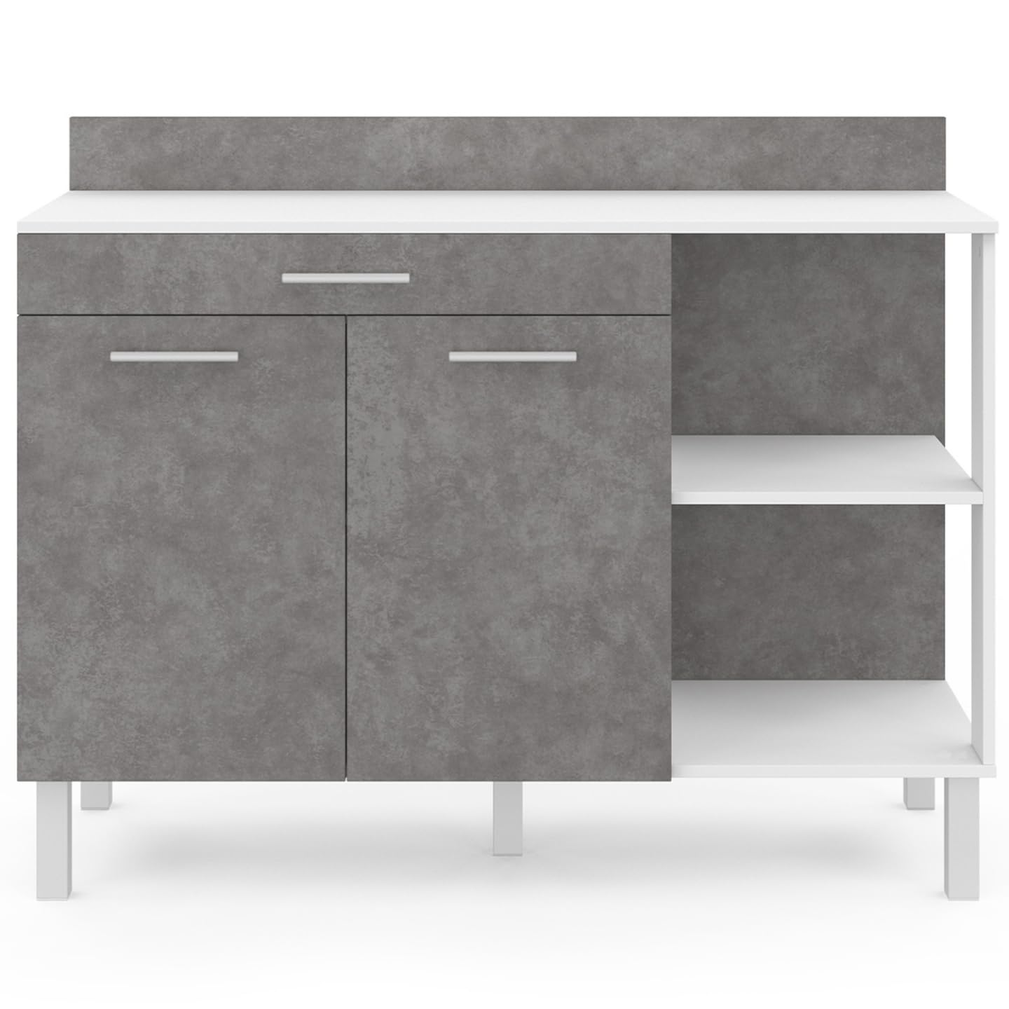 IDMarket - Aparador bajo de cocina CINA 120 cm encimera H.83 cm, 2 puertas + cajón blanco y efecto hormigón
