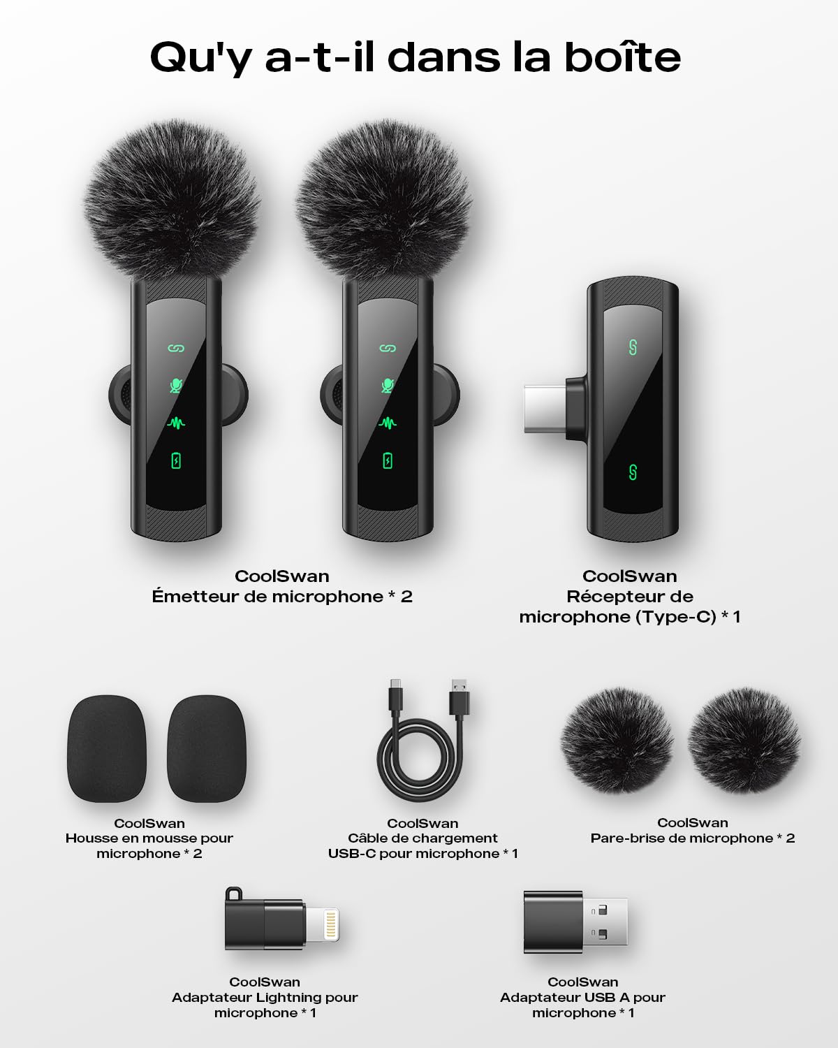 Micro Cravate sans Fil Professionnel, Mini Micro Plug & Play (USB-C/Lightning/USB-A), Réduction de Bruit, Appairage Auto, Sourdine & Réverbération, pour Vidéo, Youtube, Téléphone/PC/Caméra
