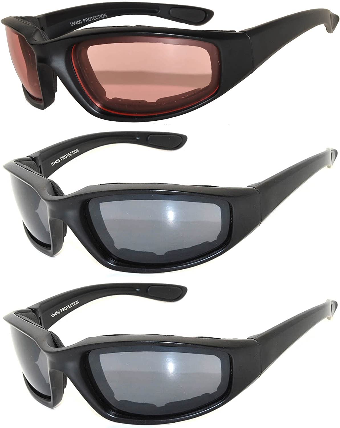 OWL 3 Pack Motorcycle Riding Glasses, Padded Sport Sunglasses, Assorted Colors for Men and Women