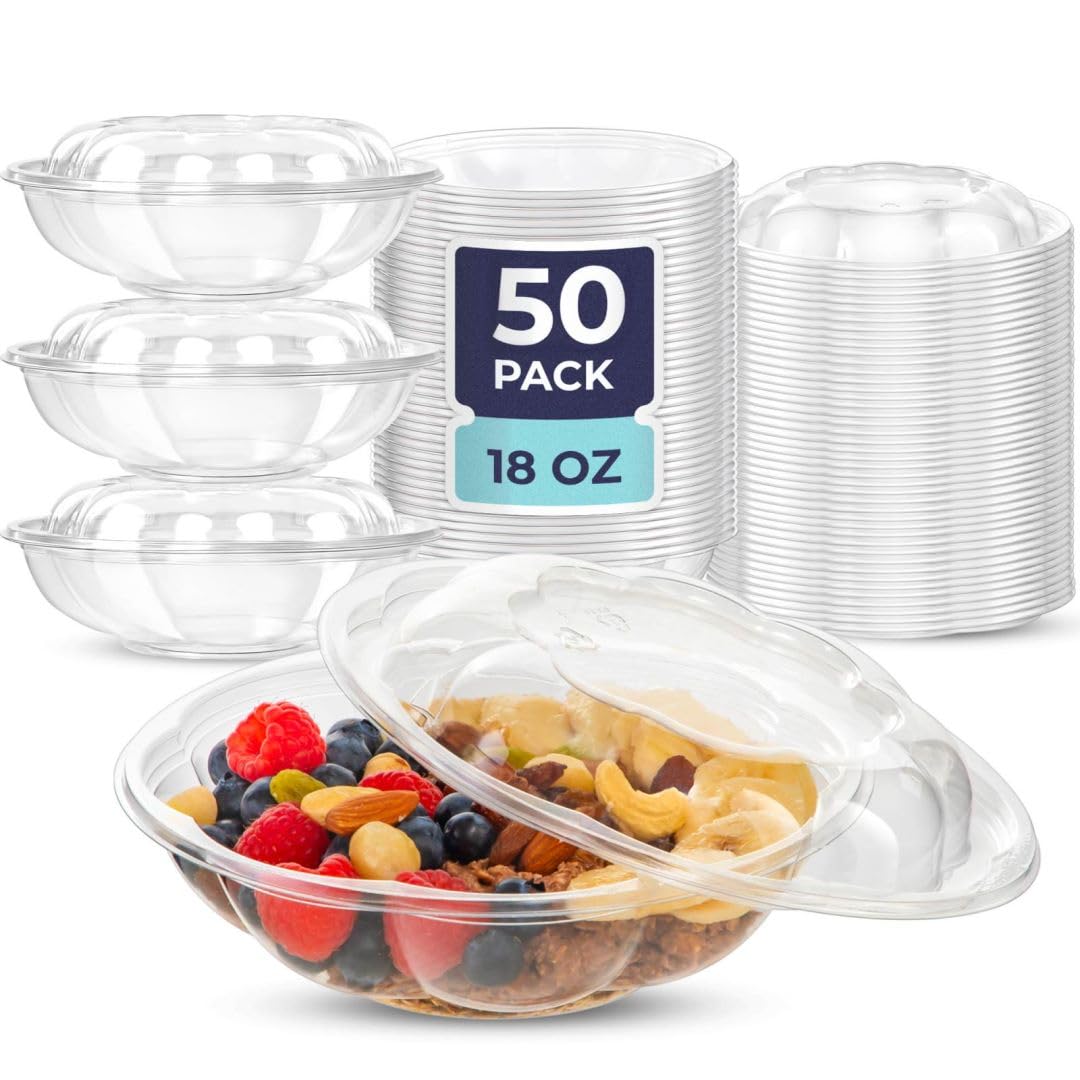 Fit Meal Prep50 Pack 18 oz Disposable Plastic Clear Salad Bowls with  Airtight Lids To Go for Lunch, Takeout, Party, Catering, Picnic