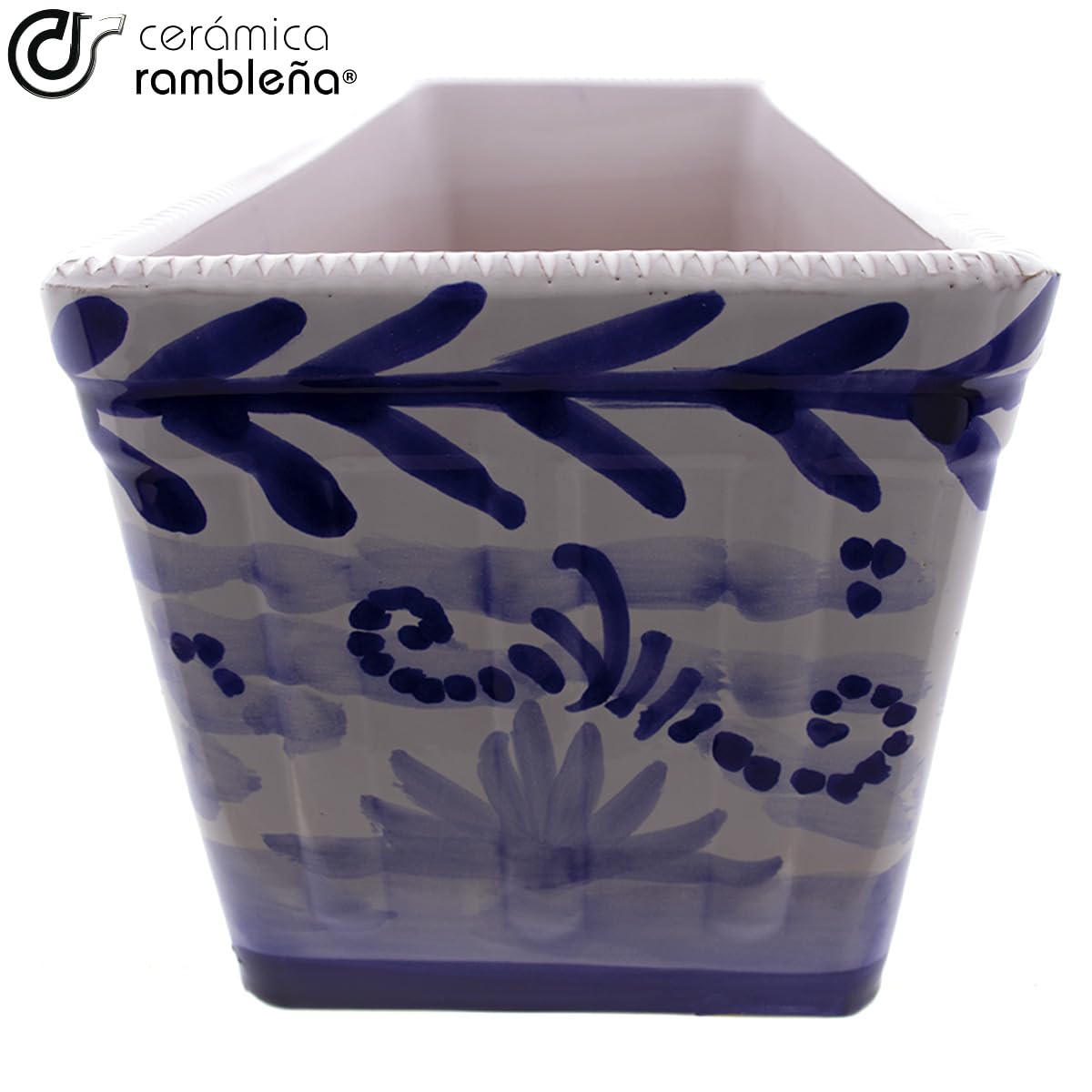 CERÁMICA RAMBLEÑA | Jardinera Rectangular Exterior Decorado Montería Azul - Modelo J02 | 100% Decorada a Mano | Para Balcón | 41x19x18 cm