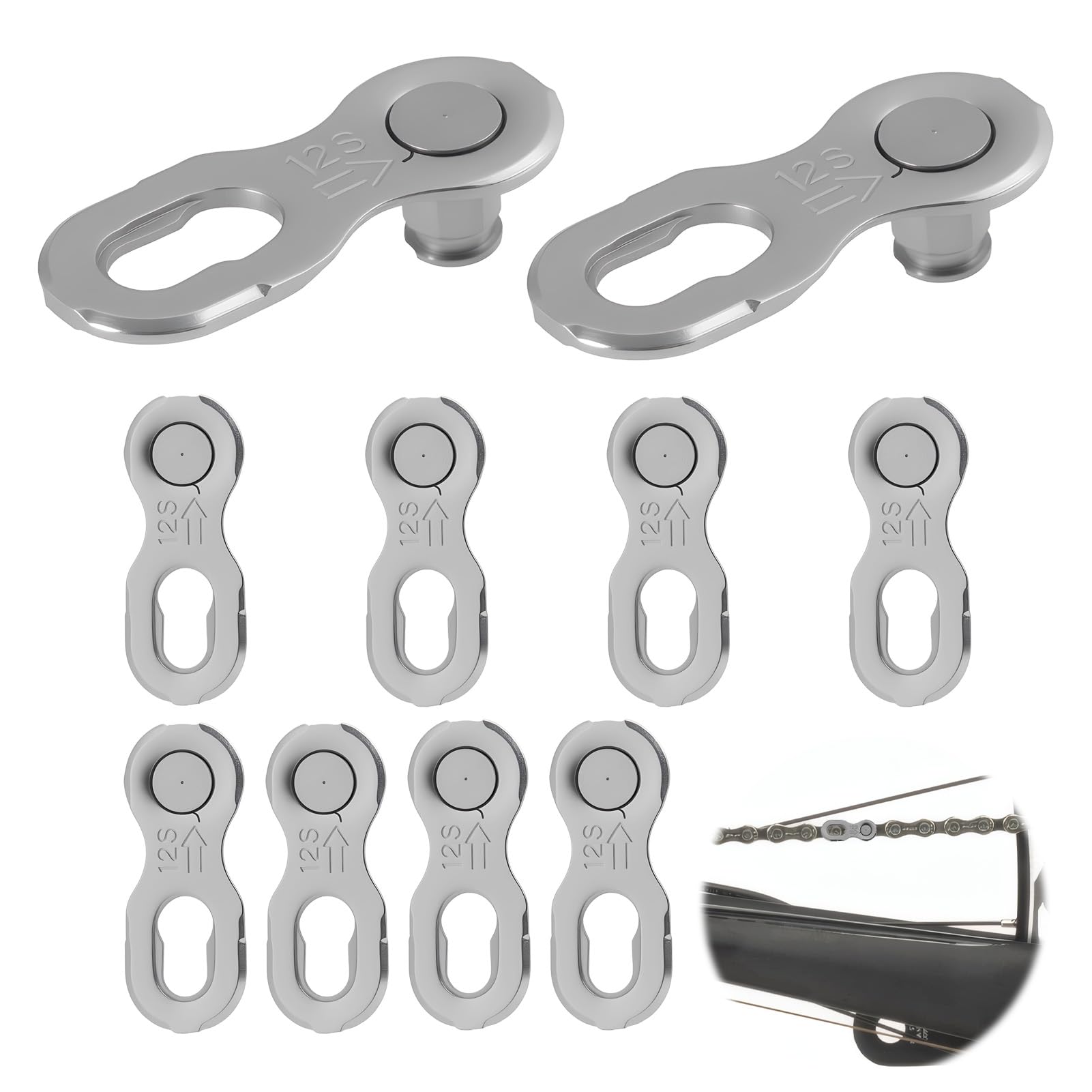 5 Paia Falsamaglia Catena Bici Argento, Falsa Maglia per Catena Bici 12v, Maglia Rapida Riutilizzabile in Acciaio Inossidabile, Smontare, Compatibile con Catene Singola e Multi-Velocità, Durabilità