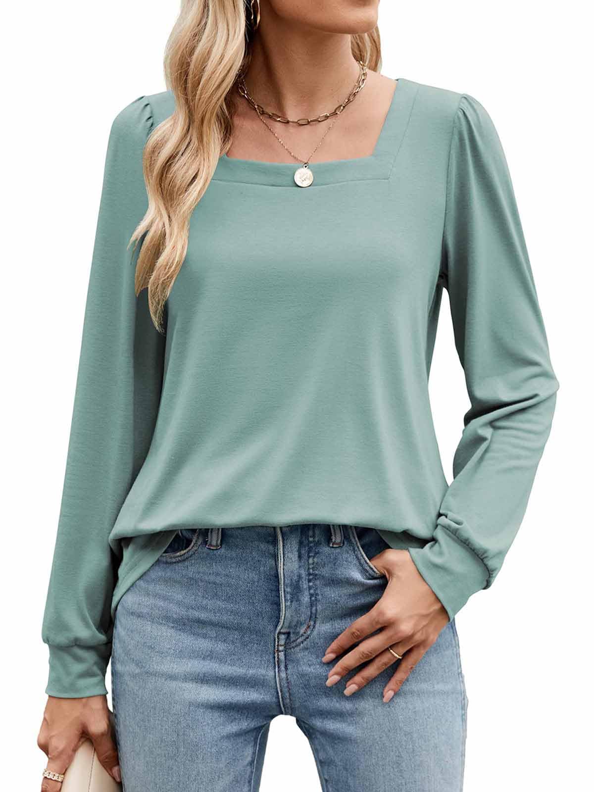 Poetsky Women's Casual Puff Long Sleeve Shirts 2024 Fall Fashion Square Neck Tops Loose Fit Dressy Tunic Blouses