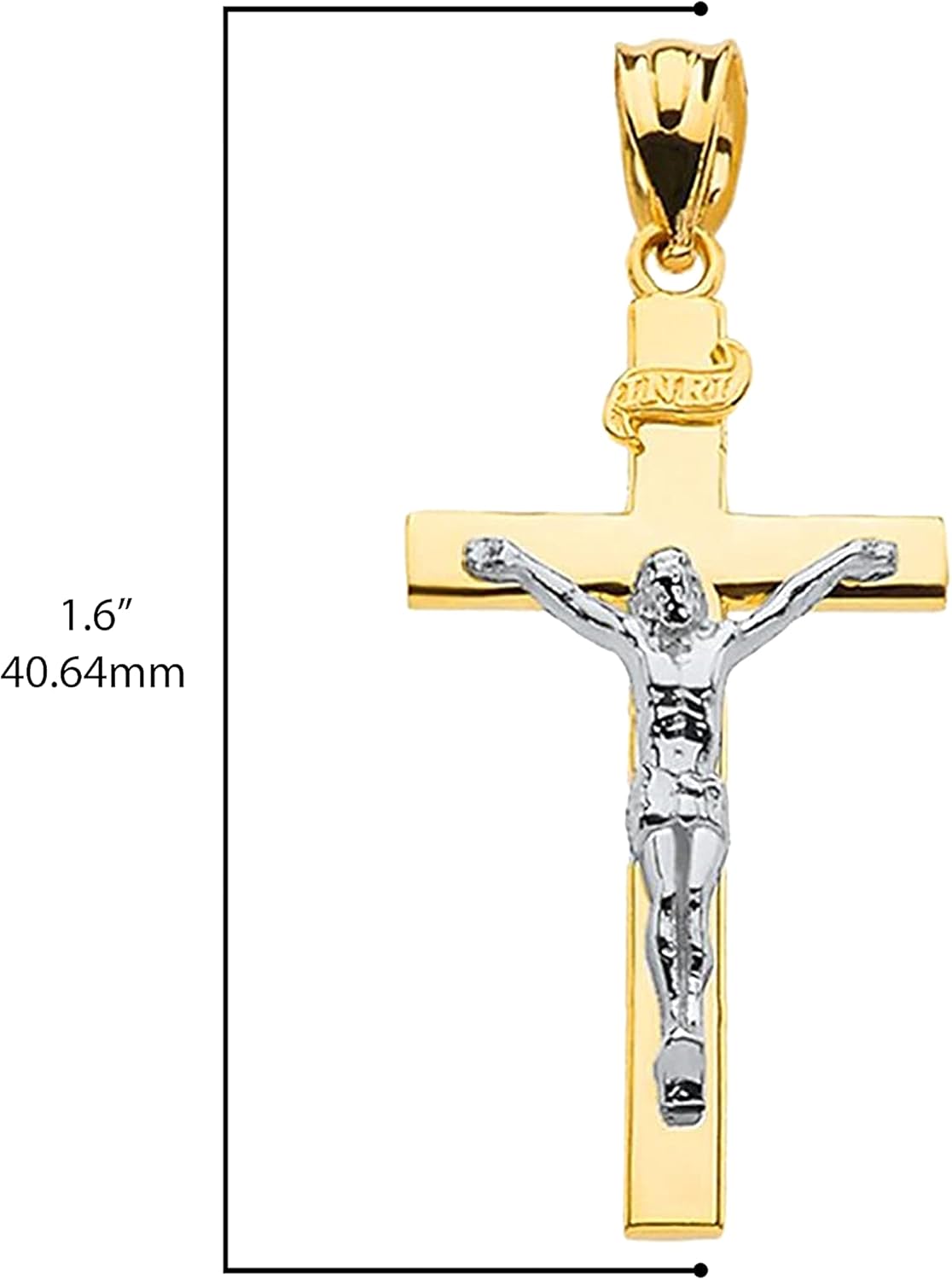 Solid 14k Two-Tone Gold Cross INRI Crucifix Charm Pendant (1.60")