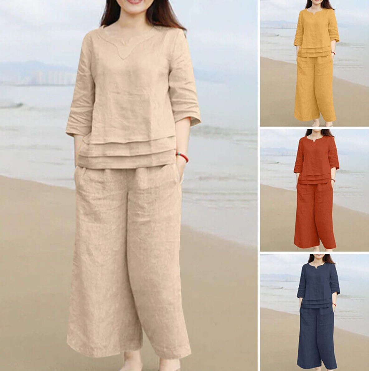 Women's Cotton Linen 2 Piece Outfit 3/4 Sleeve V Neck Layered Top and Wide Leg Pants Casual Set with Pockets