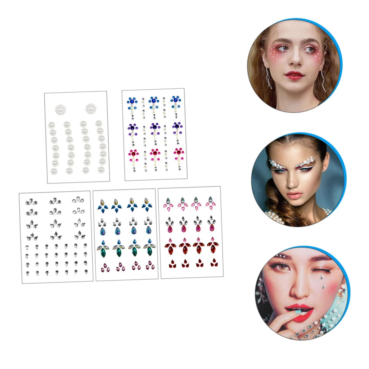 Ipetboom 5Sets Facial Gems Decals Stickers Self Adhesive Eye Gems for Makeup Rhinestone Face Decor for Festivals Easy to Apply Bling for Women Eye Catching Body Decoration