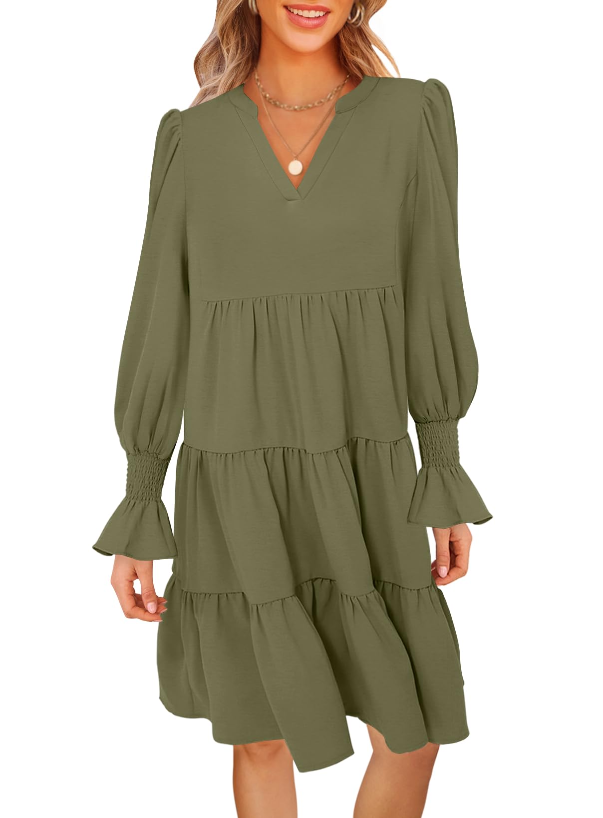 Women's 2025 Long Sleeve Midi Dress V Neck Flowy Swing Ruffle Tiered Fall Casual Dresses