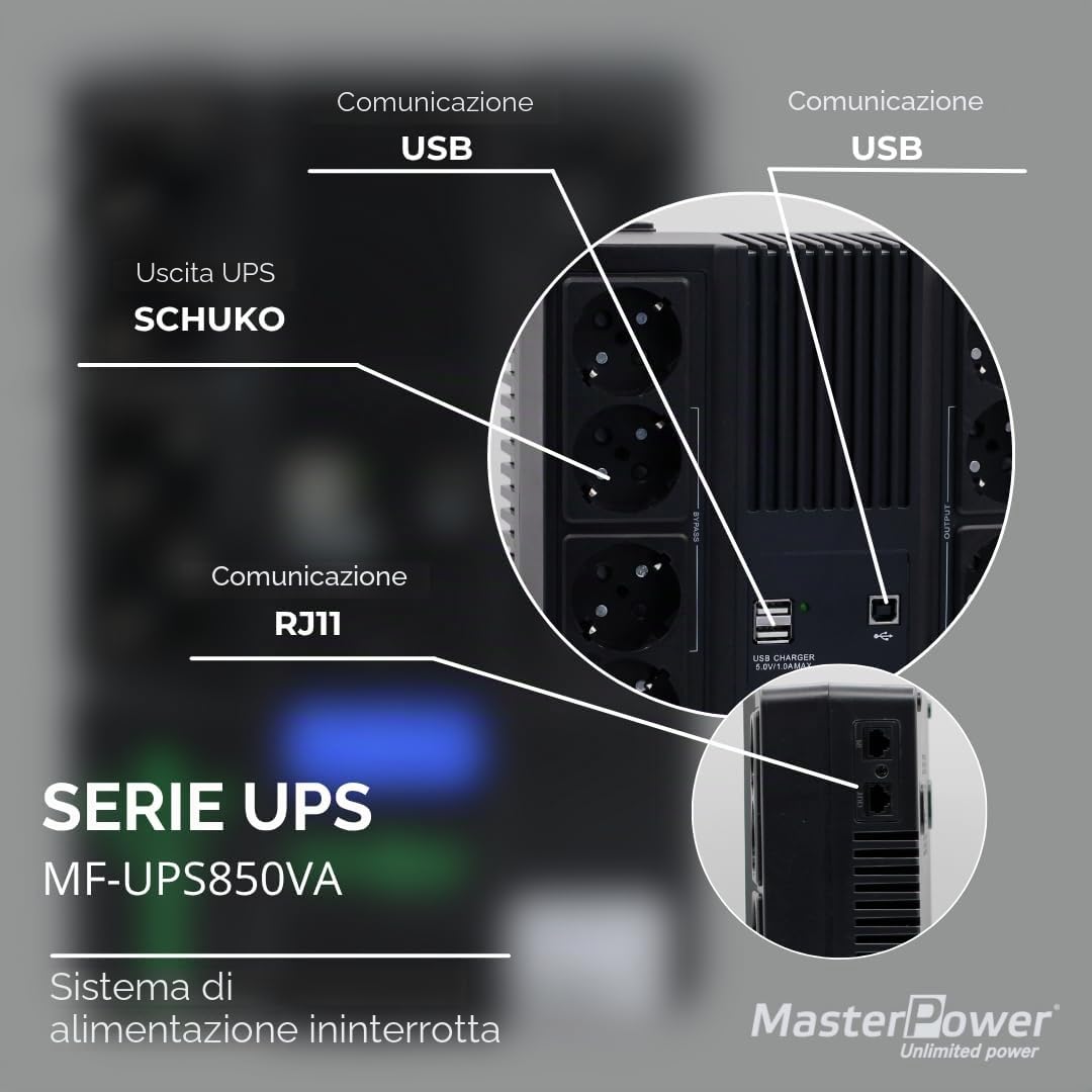 Master U-Power UPS 850VA (480W) Offline – Gruppo di Continuità con Display LCD, 8 Prese Schuko, USB e RJ45 – Protezione Elettrica per PC e Rete