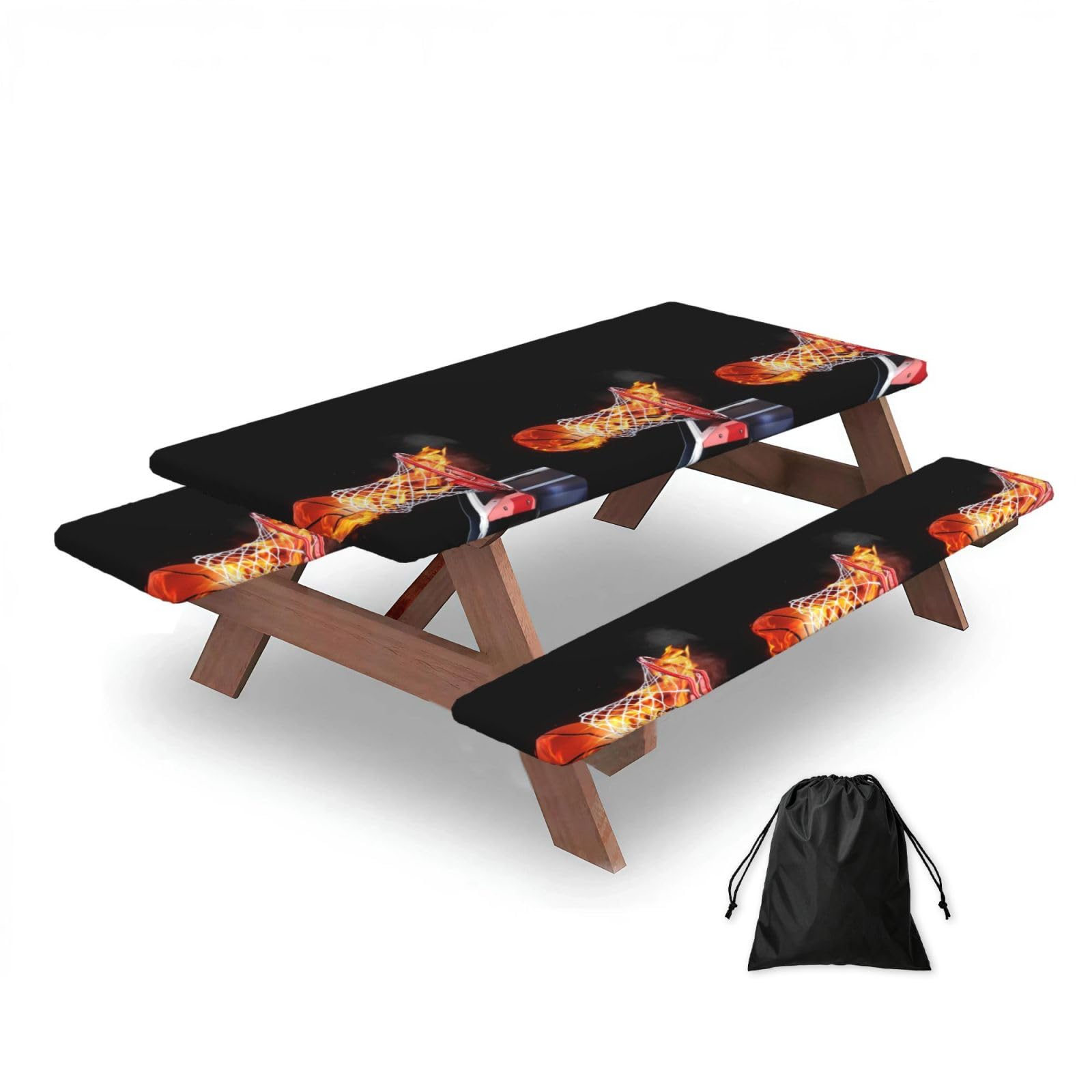 Dopklna As Picture Basketball Sports Flame Ball, Picnic Table Cover With Bench Covers -Waterproof Elastic Fitted Tablecloth For Garden Camping Patio 76X152cm