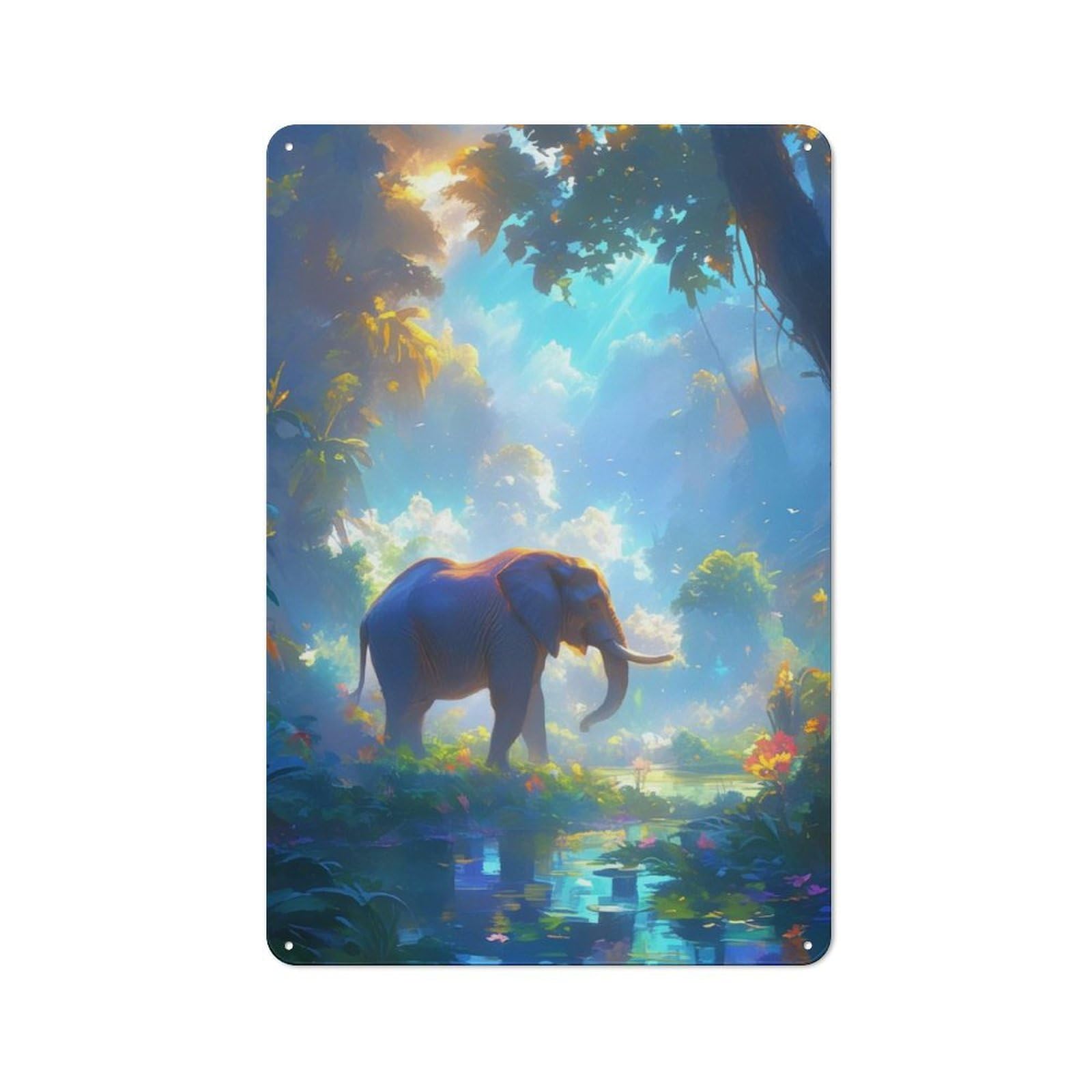 Vintage Tin Sign 30x20cm with Elephant in Lush Jungle for Home Office Or Studio, for Home Office Decor Fans