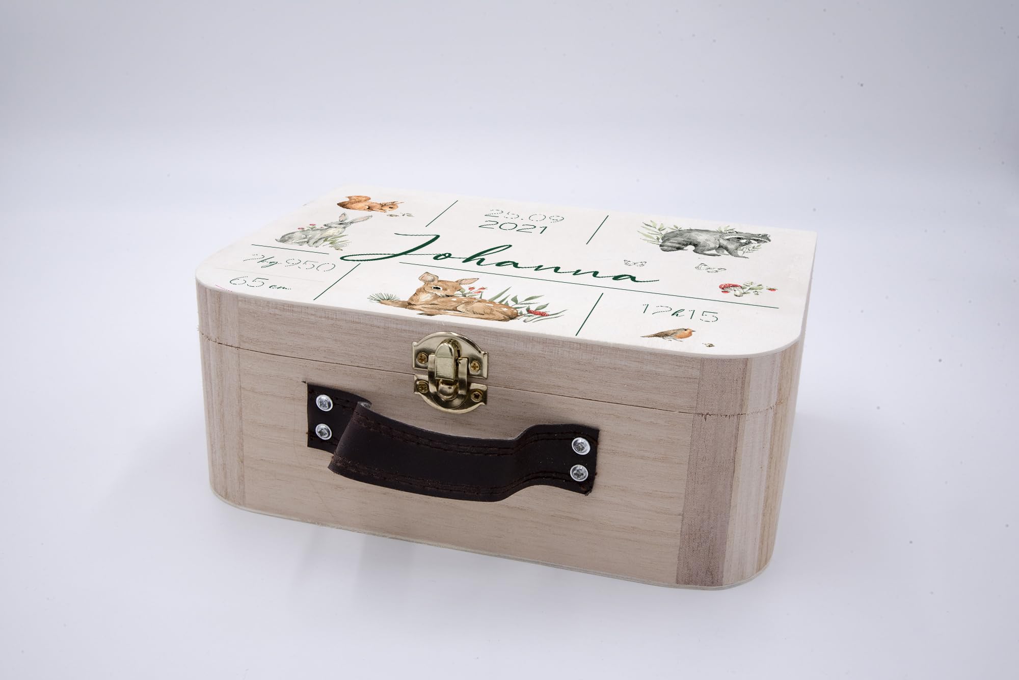 Valisette en Bois Personnalisée - Valisette Naissance personnalisable pour Bébé - Souvenir de Naissance - Boite souvenir de naissance - 23x17x9 cm (Jungle)