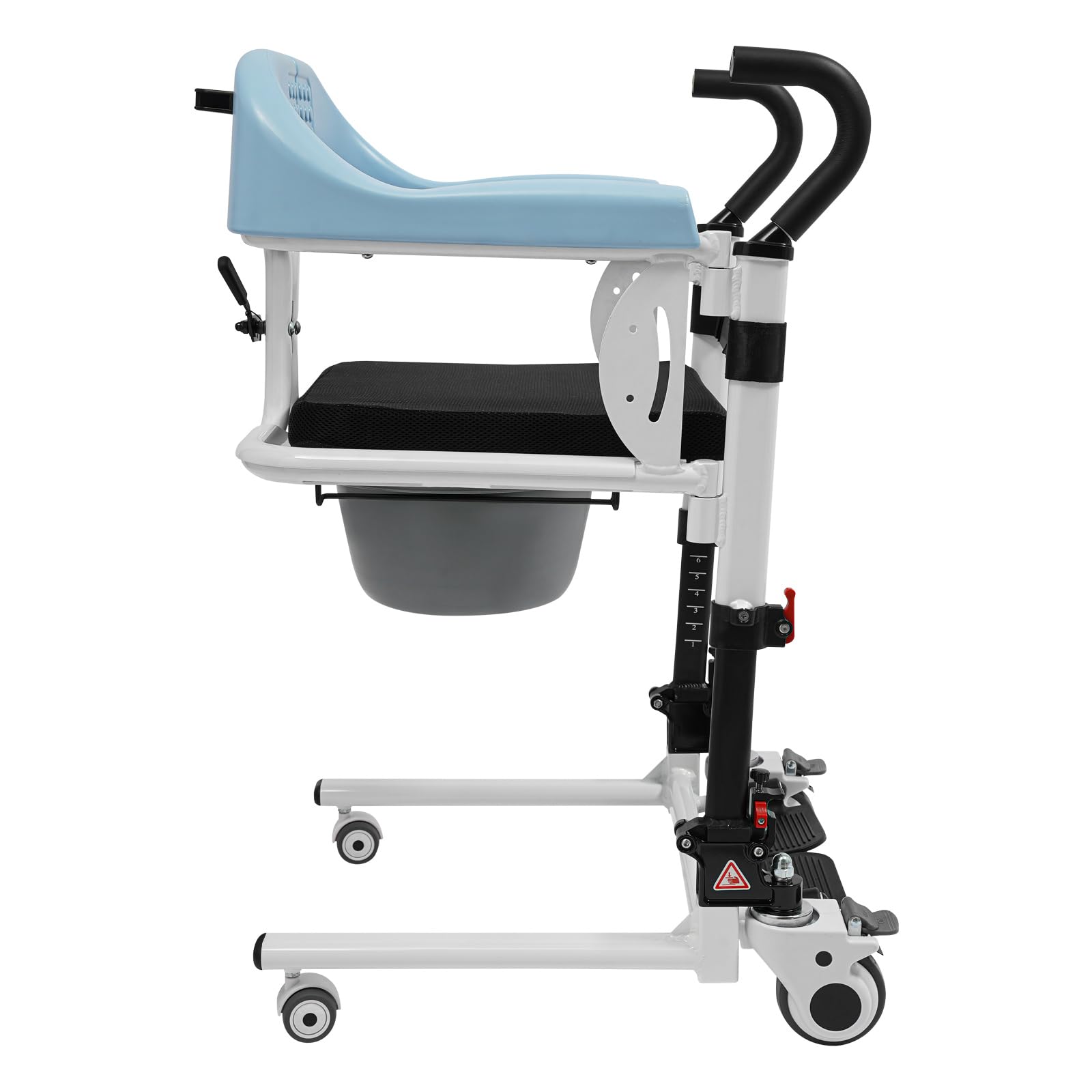 Silla elevadora de pacientes 4 en 1, altura regulable de 82 a 96 cm, plegable, aluminio, capacidad de carga de 120 kg, asiento de 180°, con ruedas de freno, cubo extraíble, para personas mayores en