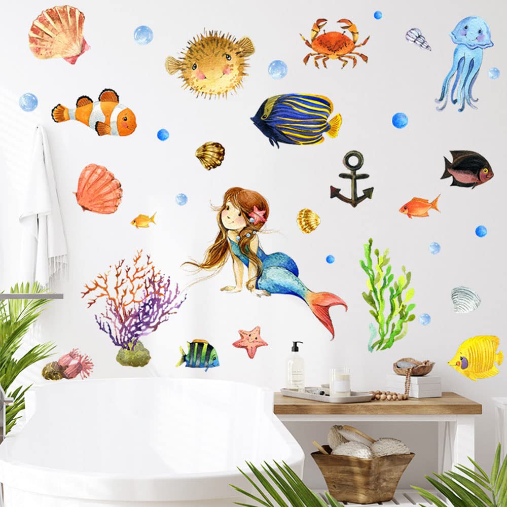 Colorful Mermaid Wall Stickers – Underwater Ocean Decals With Starfish, Shells, Seaweed For Girls Bedroom & Bathroom