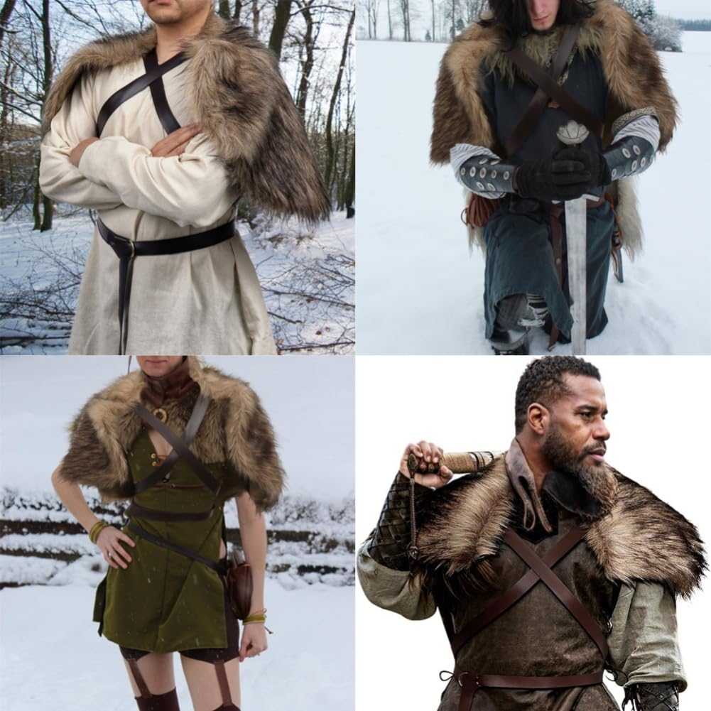 Mens Medieval Faux Fur Shoulder Wrap Shawl Renaissance Viking Knight Warrior Costume Fur Collar Cloak Medieval Fancy Dress Accessory for Halloween LAPR Cosplay Party Festival - Image 3