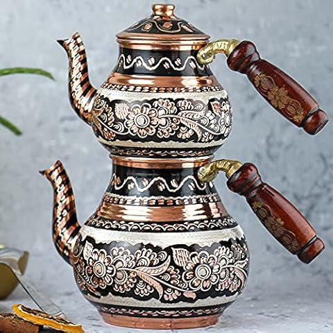 Copper Turkish TeaPot Tea Kettle Pots Set for Stove Top Stovetop Decorative Vintage Antique Floral Farmhouse for Glasses Tray Cups Serving Party Adults Moroccan Indian Style Unique Kitchen Women Cover