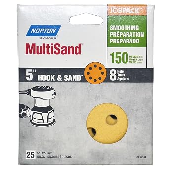Norton MultiSand Hook and Loop Sanding Discs, Orbital Sander Sandpaper for Wood, Metal and Fiberglass, 120 Grit Sand Paper, 5 Inch Sanding Discs Hook and Loop, Pack of 25