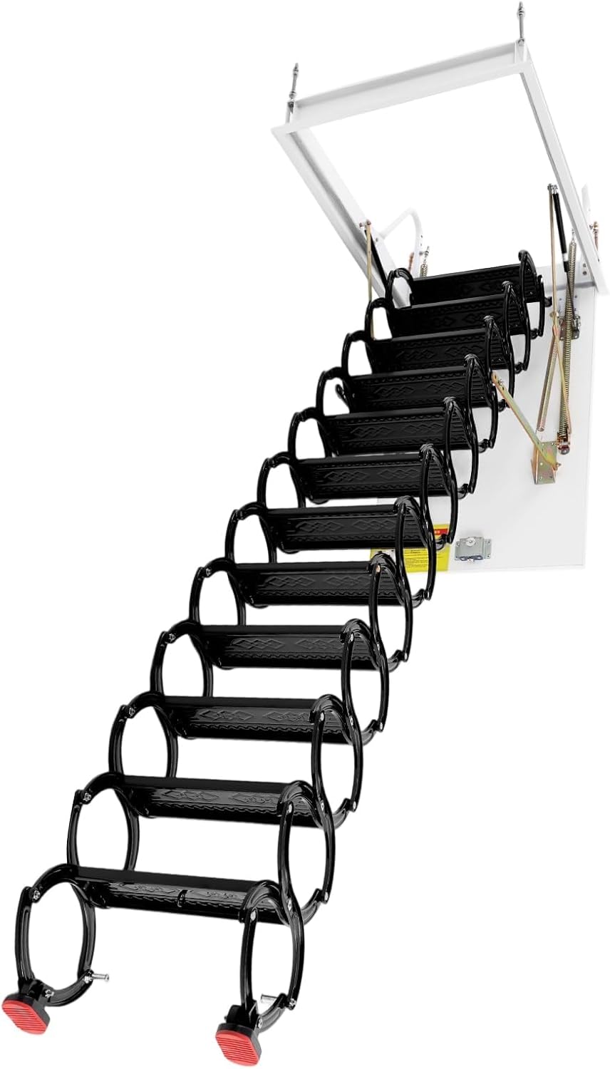 Ceiling Mount Attic Ladder, Heavy Duty 660LBS Capacity Retractable Ceiling Pull Down System, 12 Steps Folding Loft Step, 12-Step Hidden Mount Attic Extension Stairs for Garage & Home Attic Access