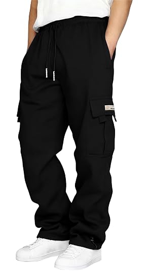 HUNGSON Mens Cargo Sweatpants Drawstring Casual Hiking Pants Joggers Athletic Trousers Cotton Loose Straight Pants for Men