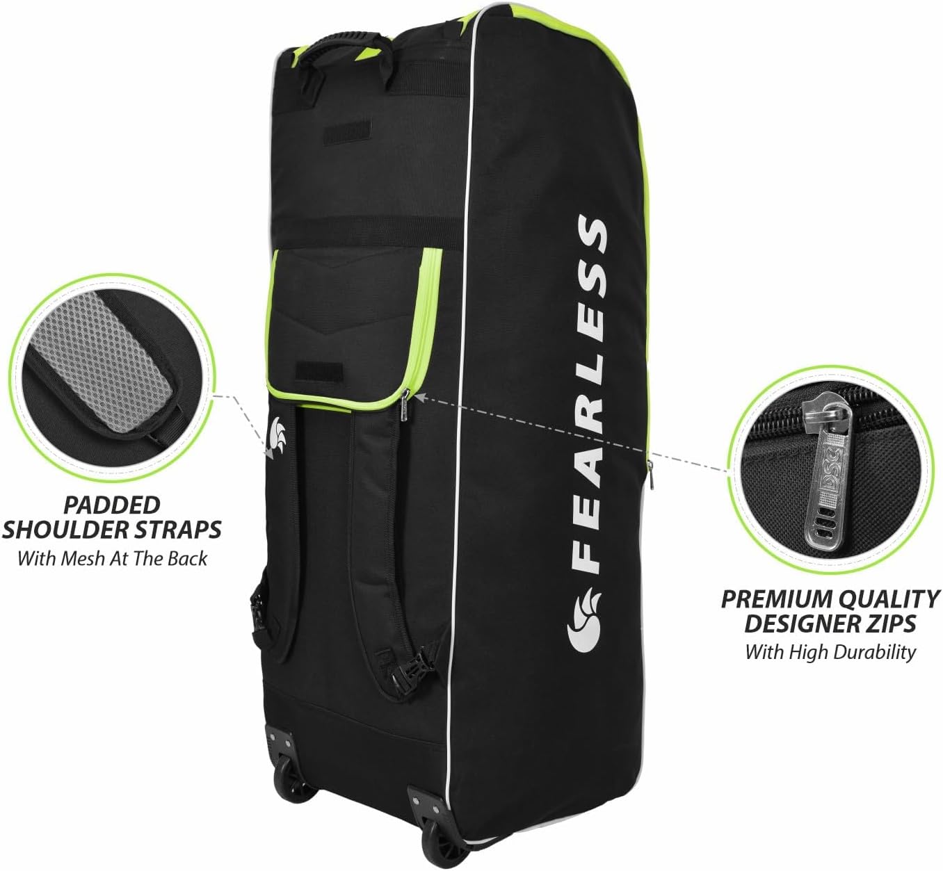 DSC Eco 400 Cricket Kit Bag | Color: Black & Neon Green | Size: 38 x 14.5 x 13.5 inches | for Men & Boys | Material: Polyester | Integrated Shoe Pocket | Padded and Adjustable Shoulder Straps