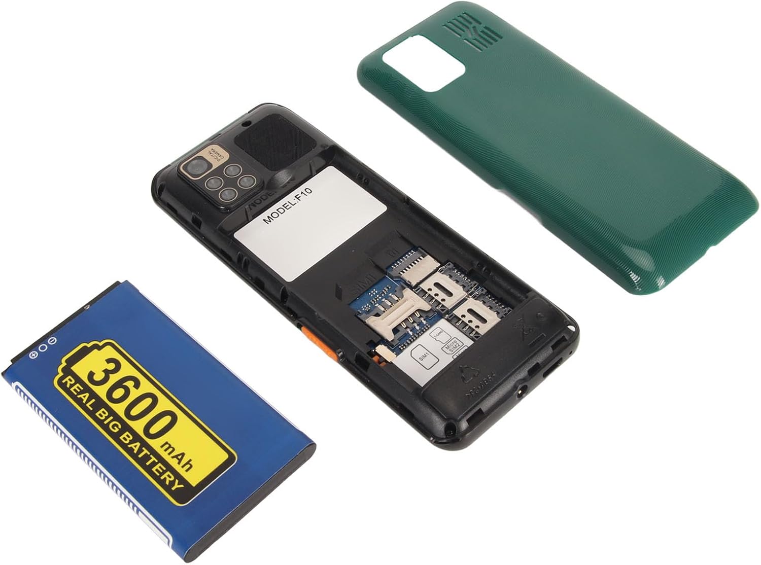 Internal view of PUSOKEI F10 phone with battery, SIM card slots, and storage card slot exposed.