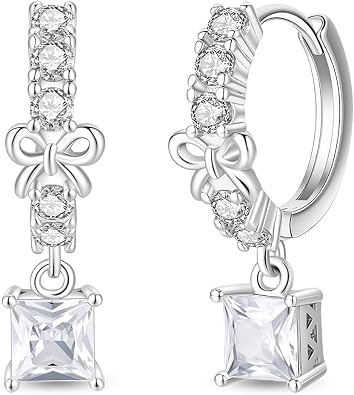925 Sterling Silver Hypoallergenic Dangle Earrings with Colorful Cubic Zirconia | Trendy Square Huggie Design for Everyday & Special Occasions