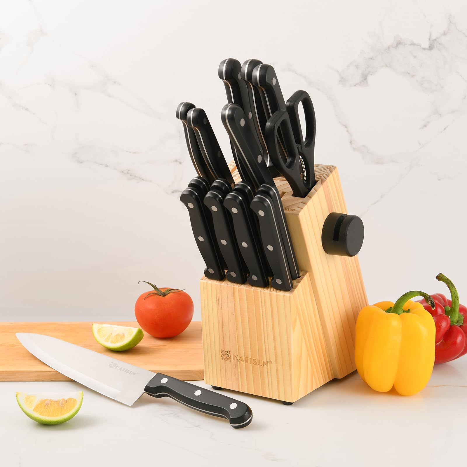 set de cuchillos, bloque de cuchillos 19 piezas, set de cuchillos de chef de acero inoxidable con bloque de madera, cuchillos de cocina profesionales con chaira, hojas afiladas, negro