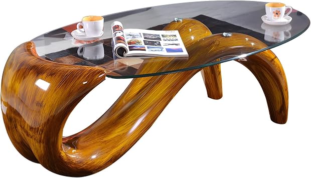 LITFAD 47.5" Curved Wave Coffee Table, Oval Tempered Glass Top Center Table