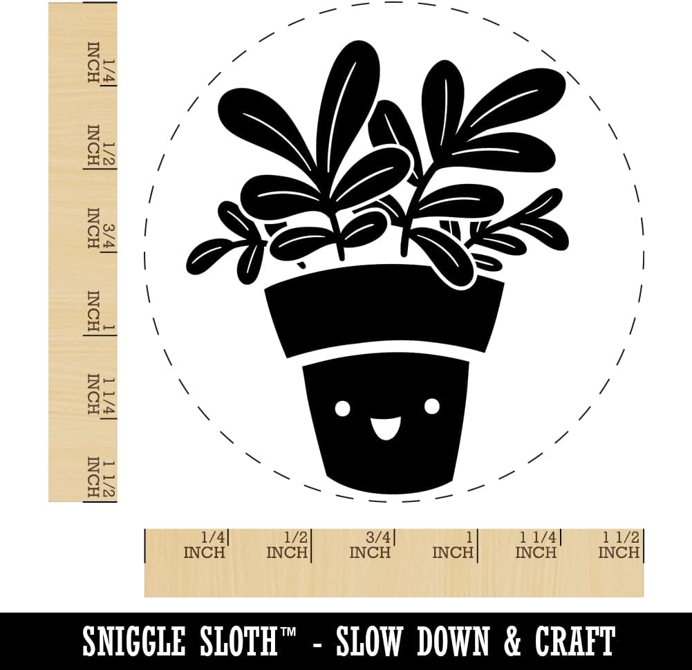 Happy Potted Plant Self-Inking Rubber Stamp Ink Stamper for Stamping Crafting Planners - 1-1/2 Inch Large - Blue Ink