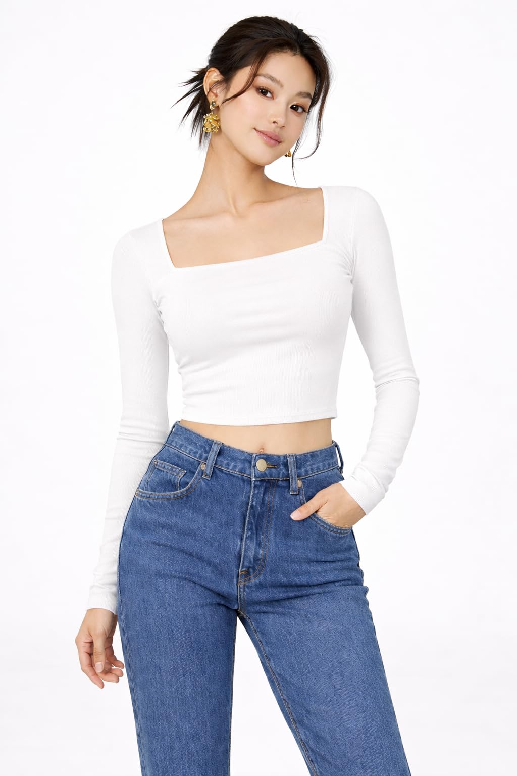 sugarcanne Women Ribbed Square Neck Crop Top Full Sleeve Stretchable Casual Top for Women-picture-40