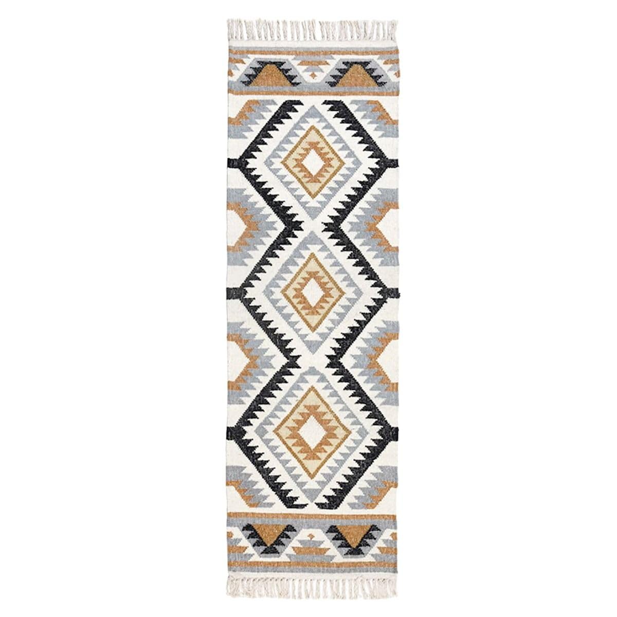 HOMESCAPES - Tapis Kilim en Laine à Motif géométrique Jaune, Fabrication Artisanale - Agra - 66 x 200 cm