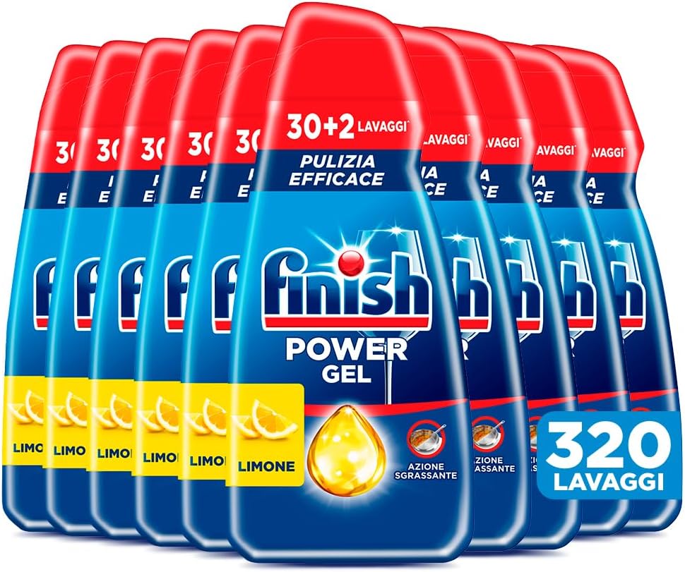 Finish Power Gel, Detersivo per Lavastoviglie Liquido, 320 lavaggi, 10 confezioni da 30+2 lavaggi, Limone, Pulizia Efficace, Azione Sgrassante