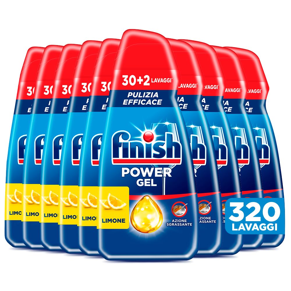 Finish Power Gel, Detersivo per Lavastoviglie Liquido, 320 lavaggi, 10 confezioni da 30+2 lavaggi, Limone, Pulizia Efficace, Azione Sgrassante
