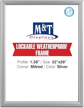 M&T Displays Lockable Weatherproof Snap Poster Frame 22x28 Inch Silver 1.38" Aluminum Profile Front Loading Wall Mounting Photo Document Certificate Sign Holder Mitered Corner Anti Glare Cover