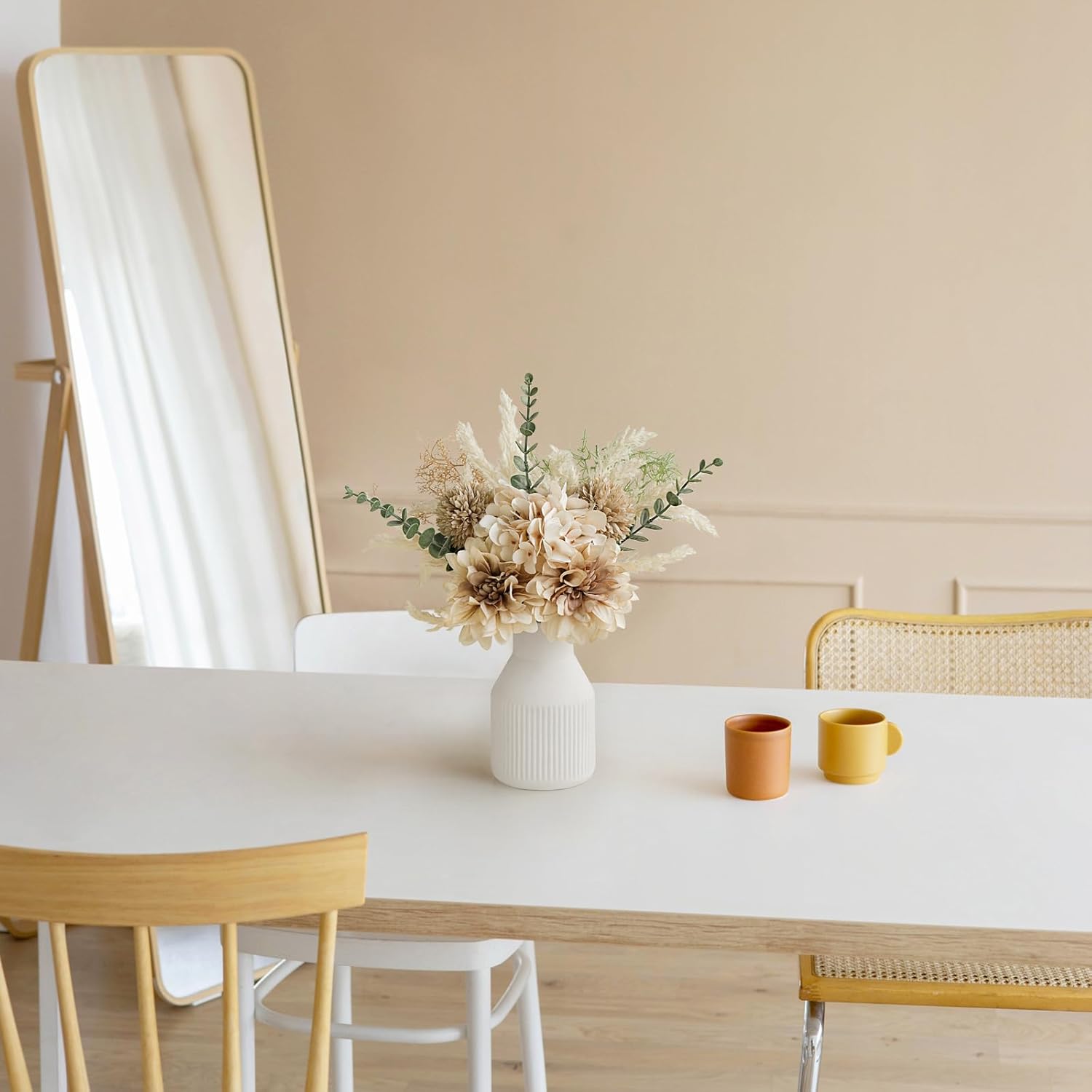 Mkono Small Artificial Flowers in Ceramic Vase Centerpieces Coffee Table Decor, Silk Flower Arrangements for Home Decor Indoor Fake Flower Bouquet for Bathroom Dining Room Kitchen (Brown, Medium)