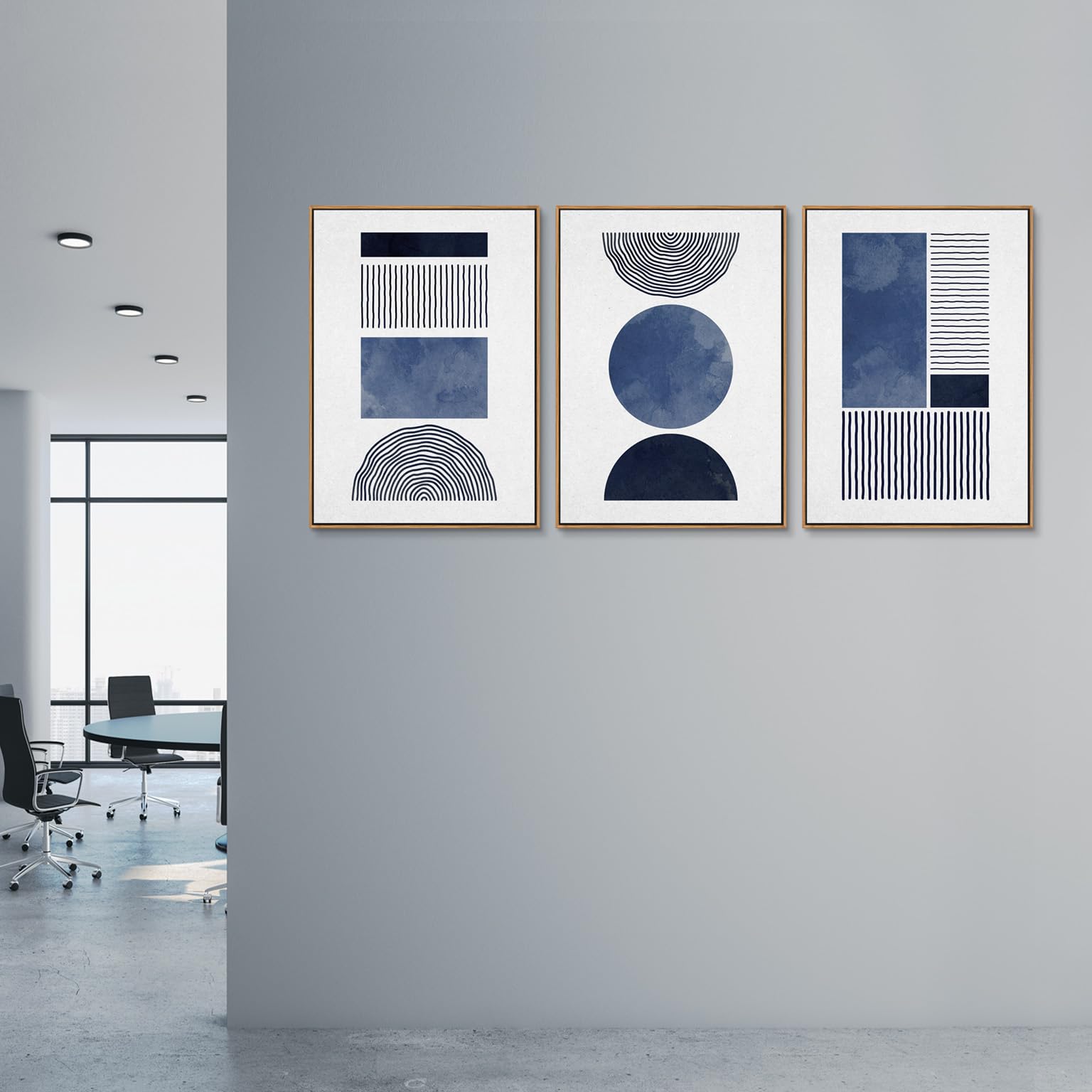 Framed Black Blue and White Wall Art Canvas Set Mid Century Boho Pictures Modern Geometric Wall Decor Minimalist Bohemian Abstract Painting Artwork for Living Room Bedroom Office 20" x 28" x 3Pc