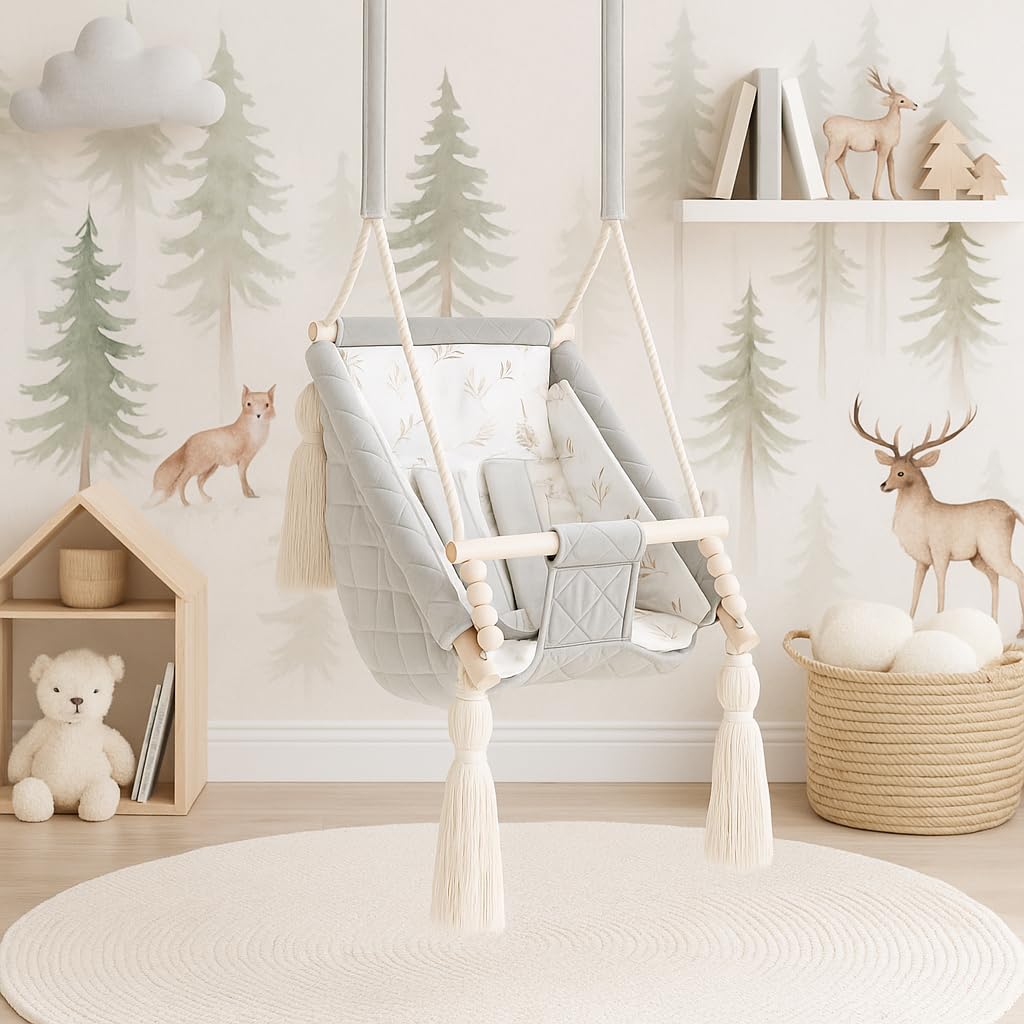 Altalena Bambino Grigio Chiaro Velluto, Amaca Interna 2m+, Personalizzabile con Nome Ricamato, Made in Europa, Sedile sospeso sicuro 25kg