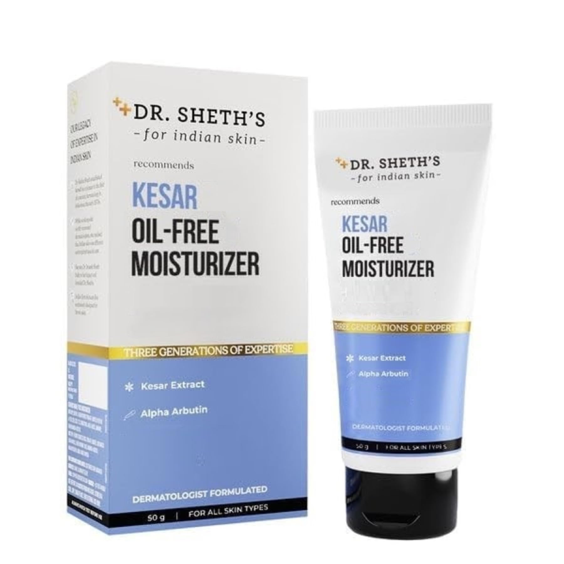 Dr. Sheth's Kesar & Kojic Acid Oil-Free Moisturizer | Lightweight Gel Cream Texture | Brightening & Hydrating | Fades pigmentation | For Men & Women | 50g