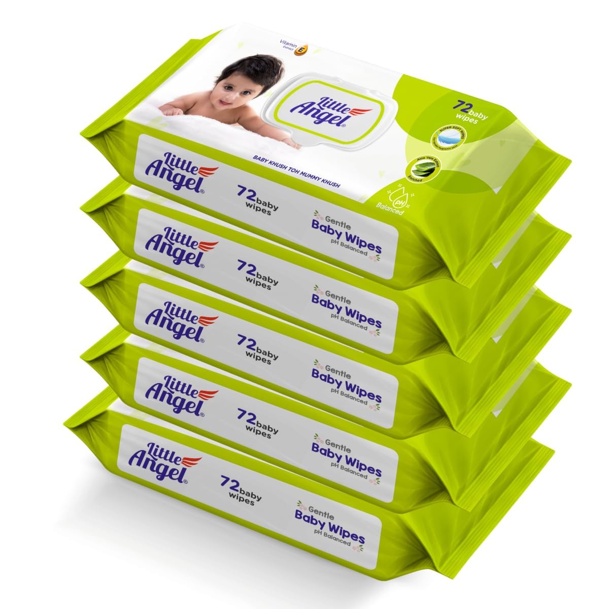 Little Angel Super Soft Cleansing Baby Wipes Lid Pack, 360 Count, Enriched with Aloe vera & Vitamin E, pH balanced, Dermatologically Tested & Alcohol-free, Pack of 5,72 count/pack-image-42