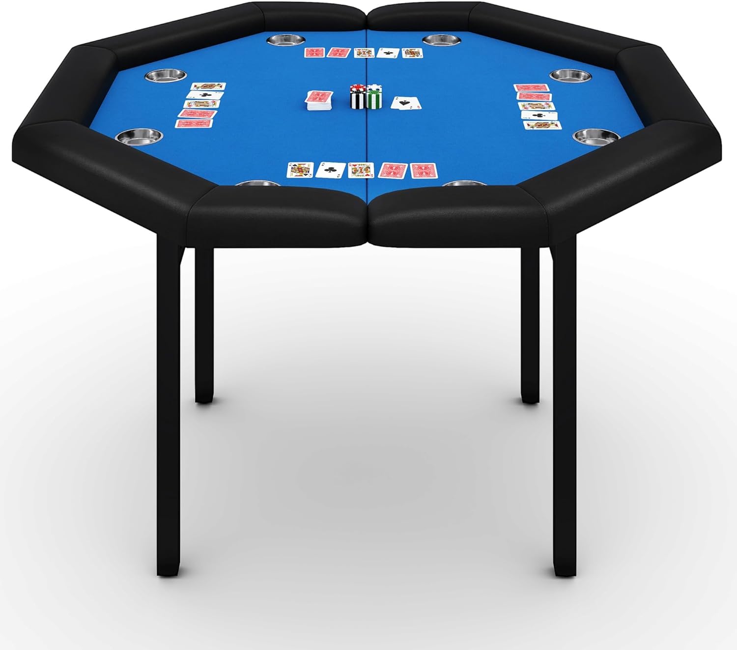 GarveeHome 48" Poker Table Foldable, 8-Player Casino Table with Padded Rails, Stainless Steel Cup Holders ＆ Folding Metal Legs, Octagon Poker Card Board Game Table for Family Game Casino, Blue
