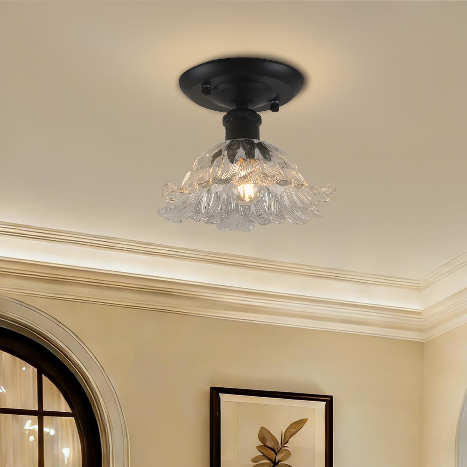 FRIXCHUR Vintage Floral Glass Ceiling Light E27 Black Transparent