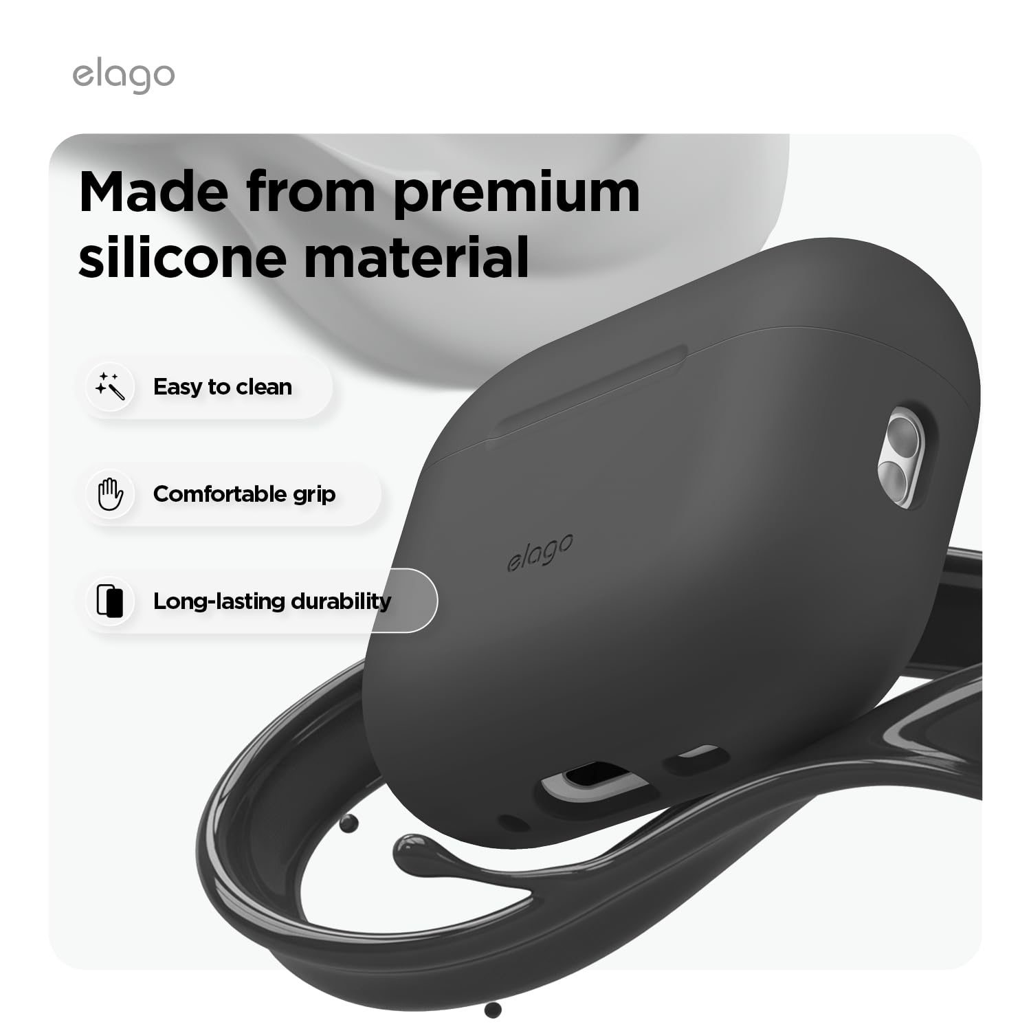 elago Custodia in Silicone Premium per AirPods Pro 3, Compatibile con Ricarica Wireless, Morbido, Protezione Totale, LED Frontale Visibile, con Moschettone (Nero)