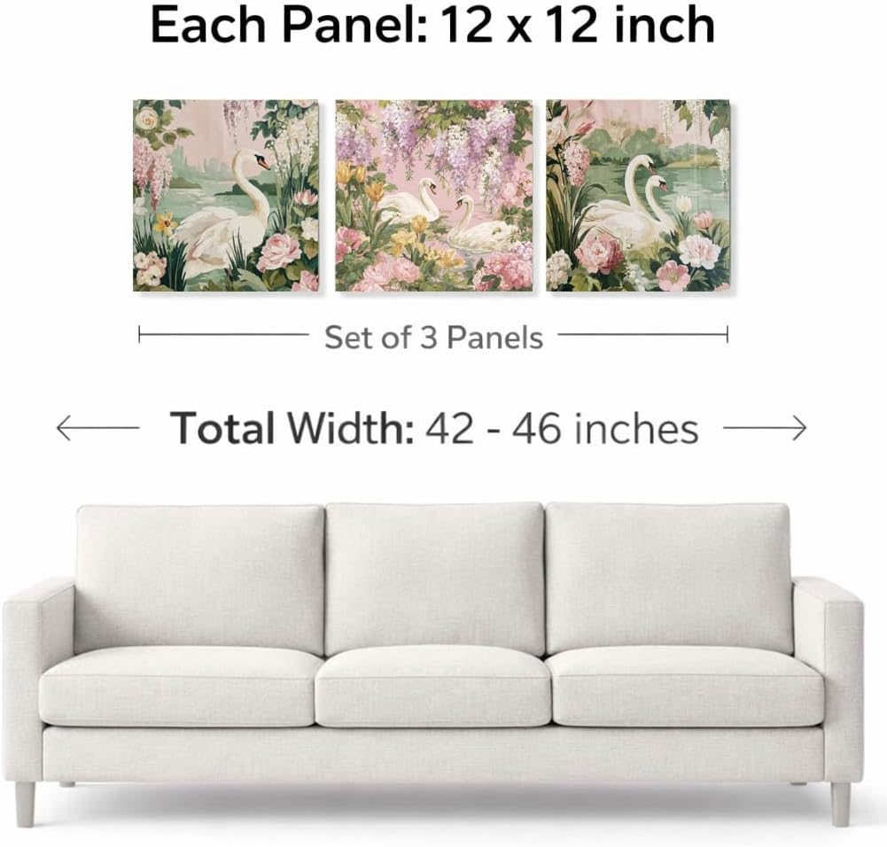 Artiluxy 3 Piece Swan Canvas Wall Art 12x12 Inch Each, Pink Floral Lake Wall Decor Set, Romantic Cottagecore Botanical Prints for Bedroom Living Room, Ready to Hang (Swan Pink)