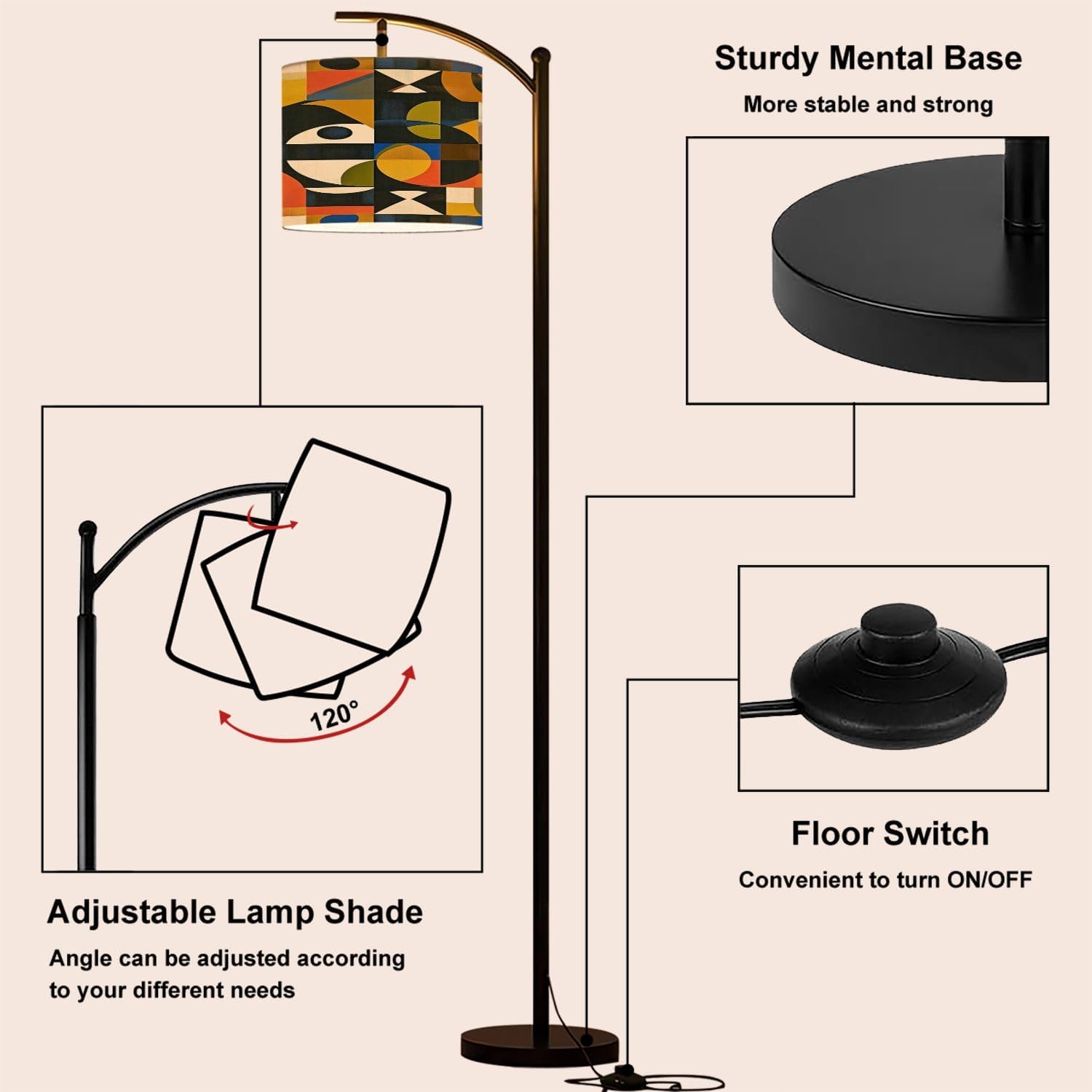 Arc Floor Lamp Mid Century abstract pattern artwork made various geometry shapes Tall Standing Lamp Modern Dimmable with Remote Adjustable Drum Shade Footswitch for Living Room Bedroom Office