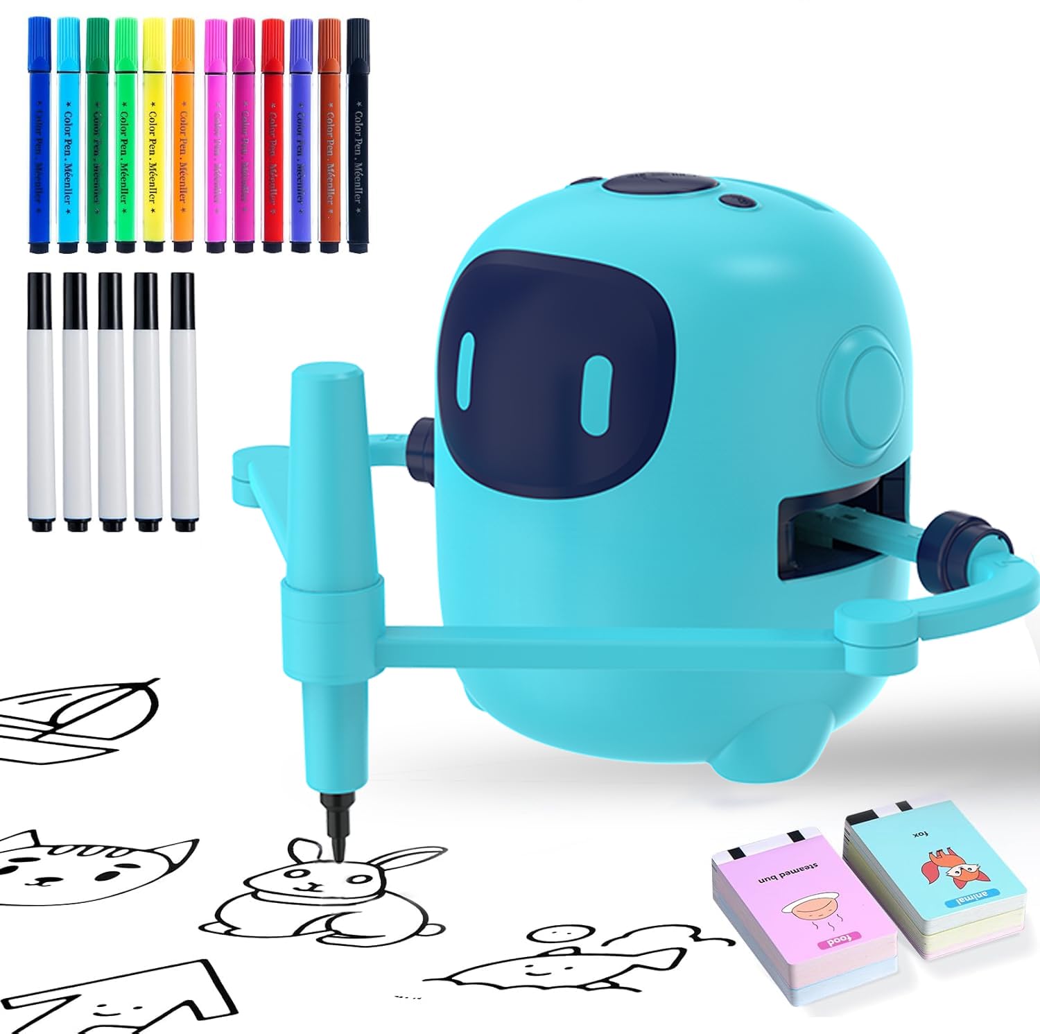 Robot da disegno per bambini con 150 carte, macchina da disegno educativa interattiva vocale, giocattoli didattici Montessori per 5+ anni festa di compleanno per ragazzi e ragazze (Blu)