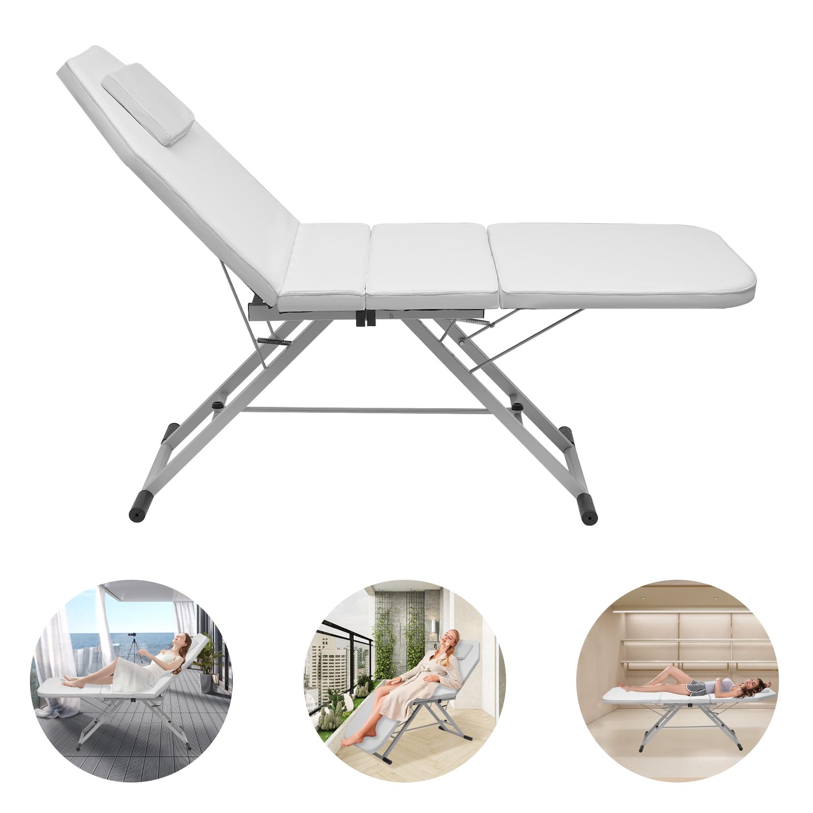 Mobile Massagebett, 3 Zonen Klappbar Massageliege Massagetisch bis 250kg belastbar Kosmetikliege Bett Behandlungsliege für Spa, 1820 x 60 cm (Weiß)