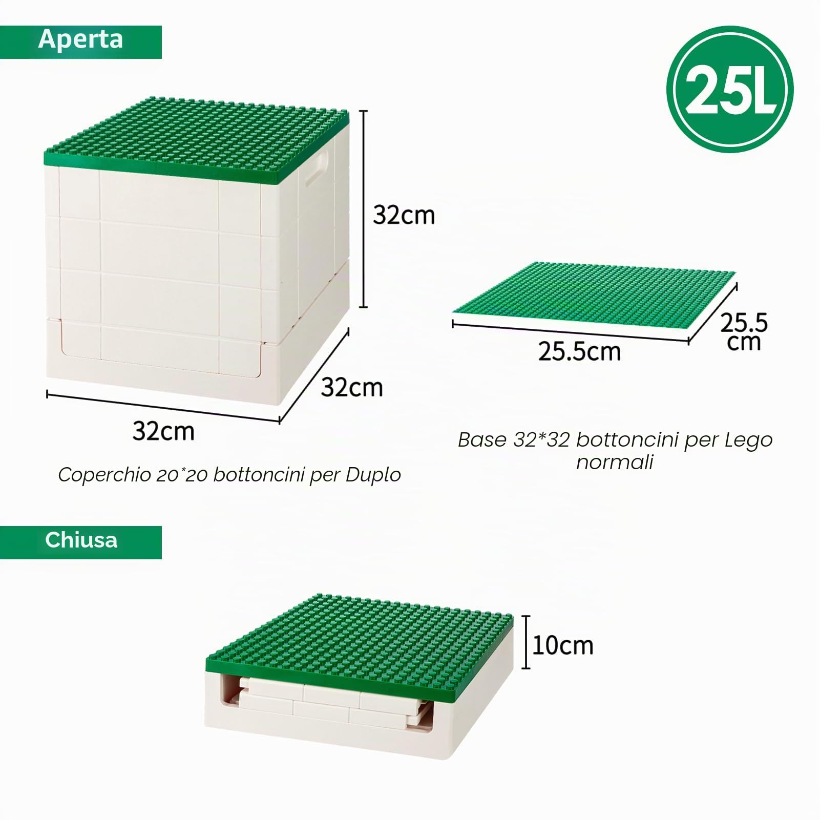 SHIMOYAMA Scatola portaoggetti pieghevole con coperchio della piastra di base per Duplo, cestino impilabile da 25 litri con tavola separata per Lego, contenitore pieghevole da 26 litri, per Lego Duplo