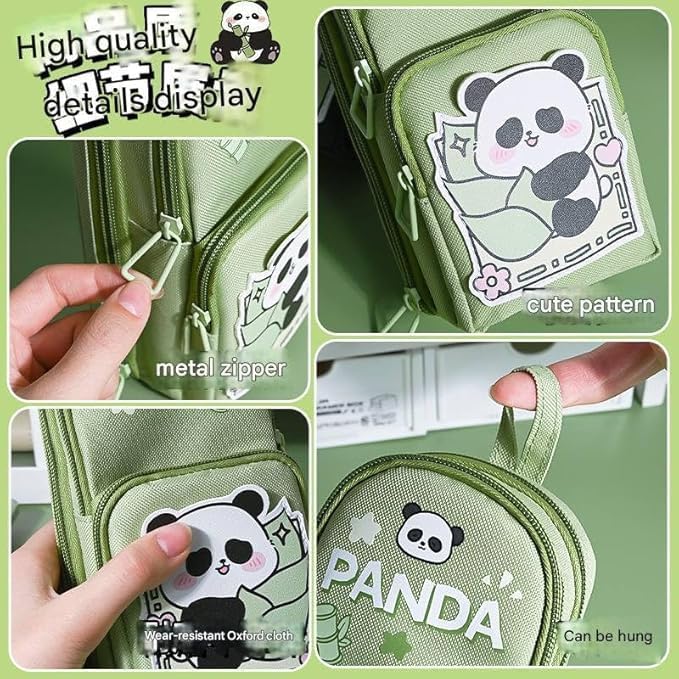 Image of Panda 3-Layer Big Capacity Pencil Case for Kids with Free Panda Push-Pull Eraser | School Bag Shape 6-Layer Storage Pencil Pouch | Cute Cartoon Stationery Organizer (Green Panda)