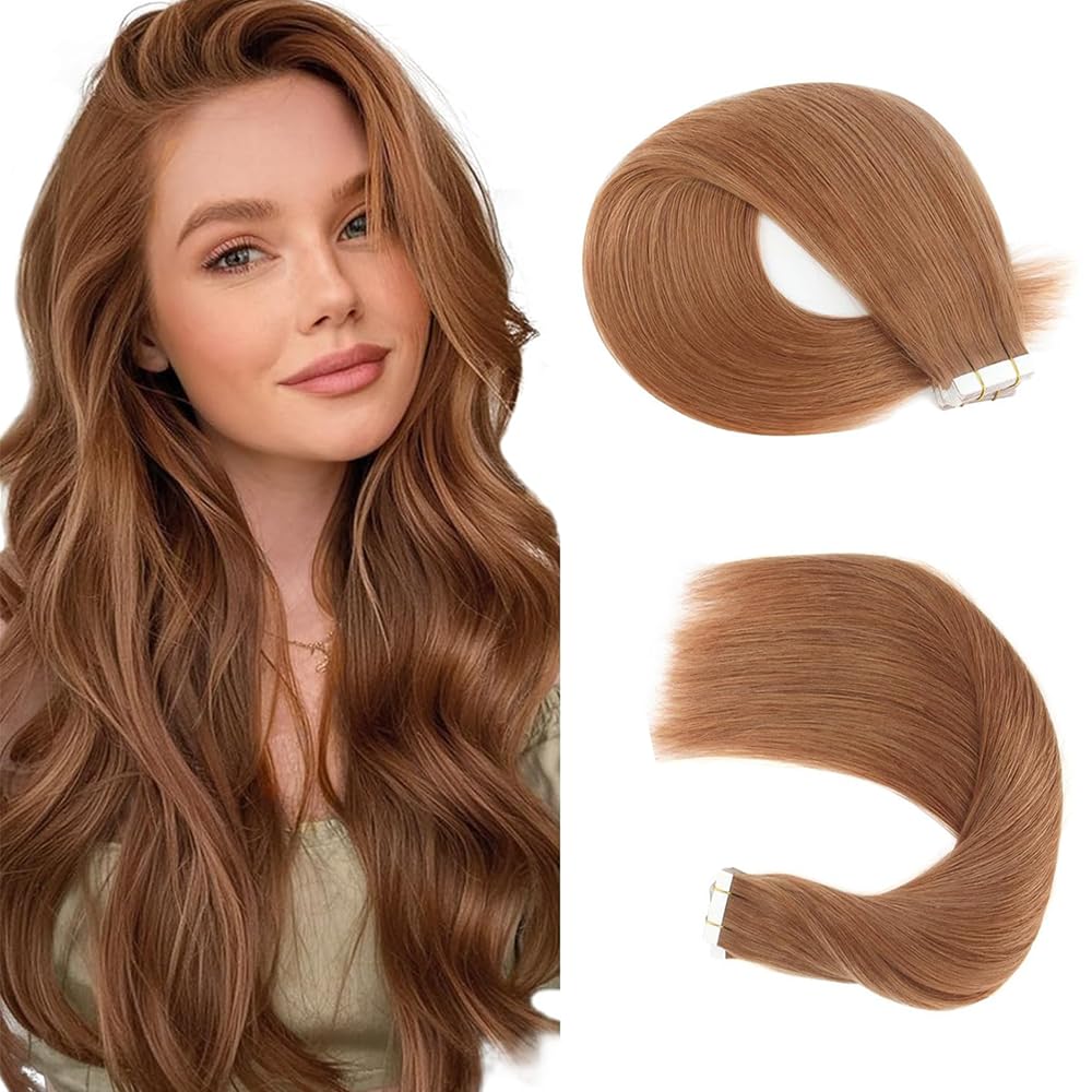 Photo 1 of 16 Inch #30 Brown Tape in Extensions Human Hair Light Brown Straight Tape ins Hair Extensions Real Hair Skin Weft Seamless Invisible Remy Hair 45g 20Pcs.