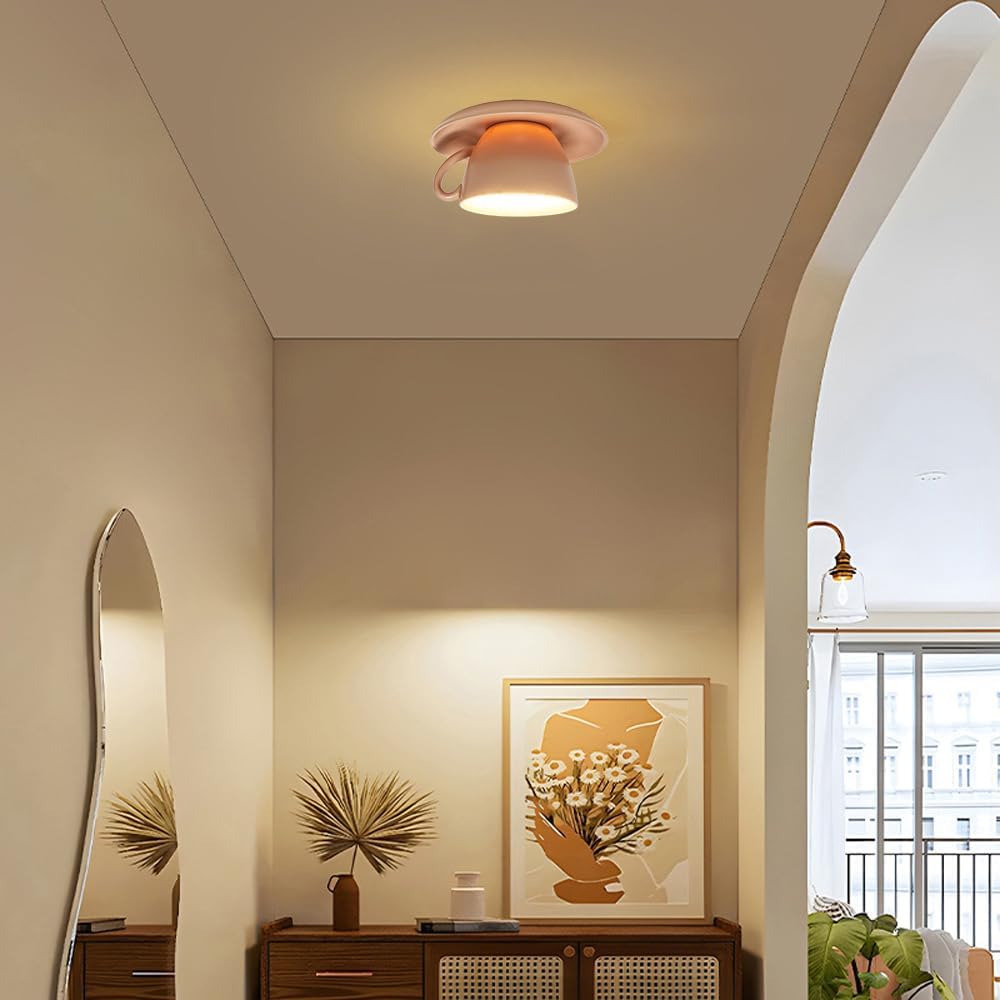 Artistic Coffee Cup Recessed Lighting - Ceramic LED Can Lights with Baffle Trim in Matte Pink, Retrofit-Ready Downlight for Corridor/Stairwell, Commercial Residential Ceiling Fixture